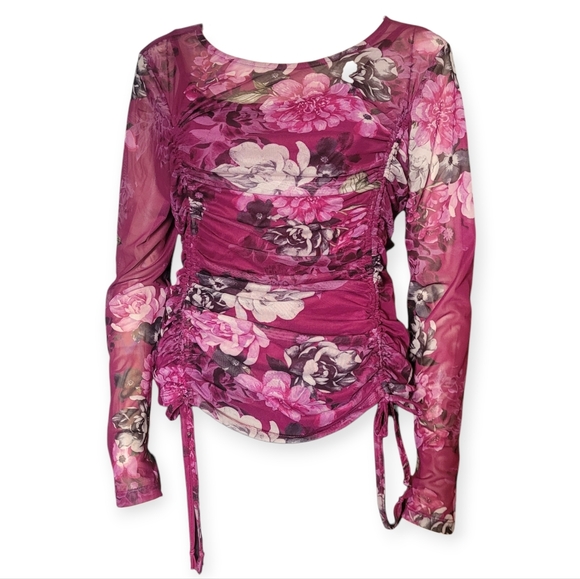Vintage Y2K Ruched Sheer Mesh Floral Top Fairycore Romantic Club Wear M - Picture 2 of 16